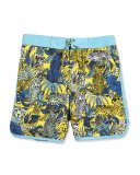 Surf Shorts w/ Leopard Graphics, Yellow/Blue, Size 6-8