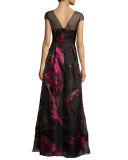 Cap-Sleeve Pleated Floral Metallic Gown, Black/Pink