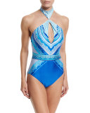 Blue Jasmine Printed Halter One-Piece Swimsuit 