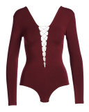 Long-Sleeve Lace-Up Jersey Bodysuit, Wine