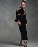 Velvet Sheer-Illusion Peplum Midi Cocktail Dress, Black