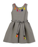 Sleeveless Pleated Striped Fit-and-Flare Dress, Black/White, Size 7-16