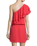 Silk One-Shoulder Ruffle Dress, Battle Red