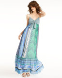 Malina Square Stamps Silk Maxi Dress, Green
