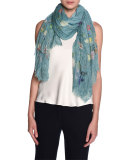 Floral-Print Scarf, Light Blue