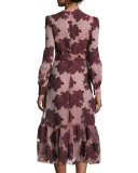 Floral Belted Long-Sleeve Midi Dress, Burgundy