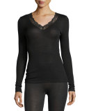 Woolen Lace-Trim Long-Sleeve Lounge Top, Black