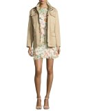 Flutter-Sleeve Hummingbird-Print Shift Dress, Panna