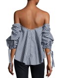 Gabriella Off-The-Shoulder Gingham Bustier Top, Black/White