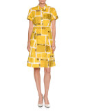 Square-Print Short-Sleeve A-Line Dress, Yellow