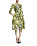 3/4-Sleeve Printed Dress W/Pockets, Citron