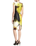 Anemone Cap-Sleeve Sheath Dress, Black/Yellow