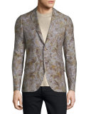 Leaf-Print Two-Button Linen Blazer, Natural
