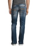 Grim Tim Distressed Slim-Straight Jeans, Medium Blue