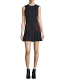 Sleeveless Jewel-Neck Flutter-Hem Dress, Black