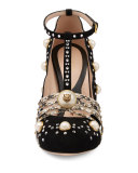 Ofelia Pearly Studded T-Strap Pump, Nero