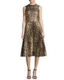 Sleeveless Leopard-Print Pleated Dress, Nero