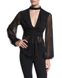 Velvet-Dot Tuck-Front Mesh Top, Black