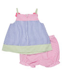 Sleeveless Striped Seersucker Flamingo Dress w/ Bloomers, Multicolor, Size 3-24 Months