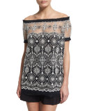 Off-The-Shoulder Embroidered Peasant Top, Coral/White