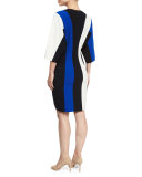 Batwing-Sleeve Colorblock V-Neck Dress, Blue/Multi