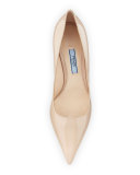 Patent Comma-Heel Pointed-Toe Pump, Travertino