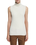 Ribbed Sleeveless Turtleneck Sweater, White