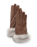 Suede Gloves w/ Fur Cuffs, Taupe/Gray