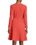 Seamed Long-Sleeve A-Line Dress, Coral