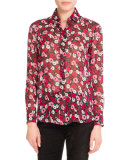 Poppy-Print Classic Silk Blouse, Medium Red