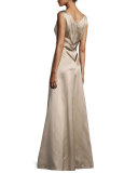 Sleeveless V-Neck Satin Gown, Mocha