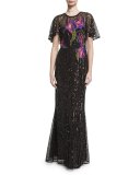 Short-Sleeve Floral Sequin Tulle Gown, Black