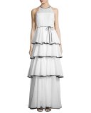 Alexandria Sleeveless Tiered Chevron Gown, White