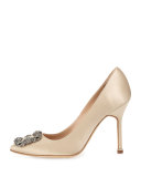Hangisi Crystal-Buckle Satin 105mm Pump, Champagne