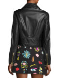 Leather Moto Jacket w/ Pearly Beaded Heart, Black