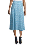 Button-Front Printed Silk Midi Skirt, Blue/Multi
