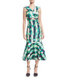 Belice Leaf-Print Tiered-Hem Midi Dress, Green/Blue