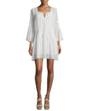 Creseda Bell-Sleeve Shift Dress w/ Lace, Vanilla