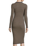 Metallic-Stripe Long-Sleeve Midi Dress, Maritime/Gold