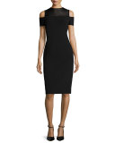Cold-Shoulder Mesh-Yoke Sheath Dress, Black