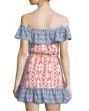 Taylor Off-The-Shoulder Mixed-Print Dress, Cobalt/Rust