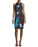 Sleeveless Floral Cocktail Dress, Black/Turquoise