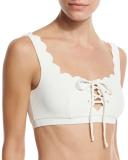 Palm Springs Scalloped Lace-Up Swim Top, White