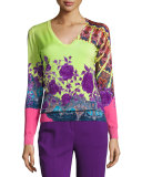 Stampa Paisley V-Neck Sweater, Lime/Purple