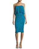 Ruffled Off-the-Shoulder Stretch-Lace Sheath Dress, Turquoise 