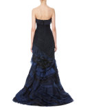 Strapless Ombre Ruffled Gown, Navy