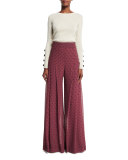 High-Rise Chiffon Polka-Dot Trousers, Burgundy