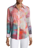 Button-Front Watercolor-Print Blouse, Multi Colors