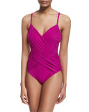 Lattice V-Neck One-Piece Swimsuit, Magenta
