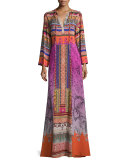 Ribbon-Print Tie-Neck Peasant Gown, Purple